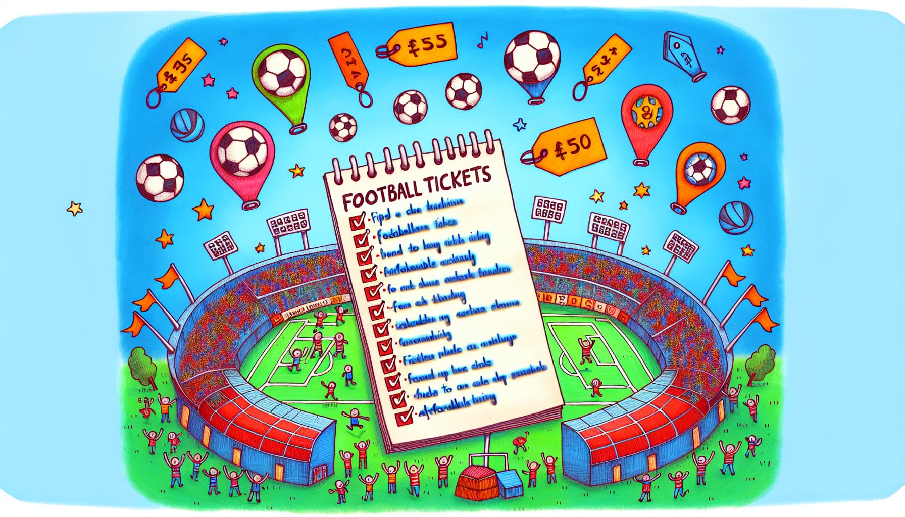 A creative illustration providing tips for finding cheap football tickets.